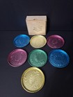 West Bend Aluminum Set Of 7 Hammered Leaf And Acorn Color Glo Coasters W box