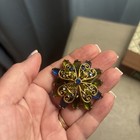 Antique Vintage Pin Yellow Gold Tone Round Marquise Prong Set Blue Green Glass