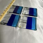 Set 4 Mid Century Fused Art Glass Coasters 3 5  Cobalt Blue Teal Geometric