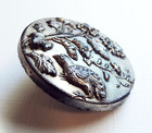 Antique Black Glass Bird   Flowers Picture Button W  Silver Luster   1-1 16 