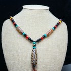 Tibetan Old Agate Dzi 9 Eyes 3 Eyes Bead Amulet Necklace T0930