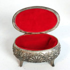 Vintage Lined Trinket Box Silver Tone Metal Floral Footed Jewelry Box Japan