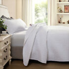 3pcs White Leaves Embossed Quilted Bedspread Set King Size Reversible Coverlet