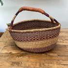 African Ghana Market Basket Hand Woven Leather Wrap Handle Colorful 13 