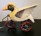 Vintage Primitive Wooden Tricycle Duck Pull Toy On Wheels Wood Rare