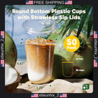Clear Plastic Cups With Lids 16 Oz  Round Bottom  Disposable For Cold Drinks