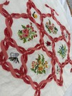 Vintage Hand Embroidered Pillow Top Panel Flowers Bees Ladybug Unfinished