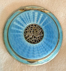 Antique Art Deco Silver Love Birds Guilloche Blue Enamel Compact Mirror Vanity