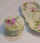 Antique French Signed Porcelain Hand Painted Trinket Box   Matching Tray