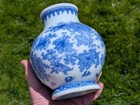 Antique Japanese 19thc Meiji Blue   White Seto Ware Vase Lotus Crabs Signed