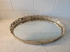 Vintage Antiqued Gold Filigree 12 75  Oval Mirrored Vanity Tray 