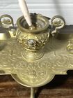 Antique 19th C Art Nouveau French Brass Mounted Inkwell   Stand Glass Inkwells