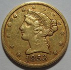   1853 Xf  No Motto  5 Liberty Gold Piece  Lower Mintage 305k  Free Shipping