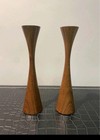 Vintage Mcm Faux Woodgrain Resin Candlestick Holders Hourglass Pair 8 In