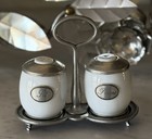 Vintage Etain France Porcelain And Pewter Salt   Pepper Caddy Set