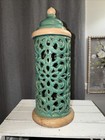 Large Turquoise Ceramic Scrollwork Pattern Lid Art Nouveau Hurricane Lantern