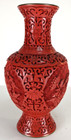 Vintage Chinese Florals Hand Carved Red Cinnabar Vase With Blue Enamel On Copper