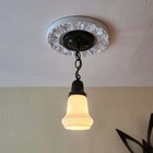 Vintage 1930s Antique Brass Single Bulb Pendant Light Fixture White Glass Shade