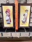 Pair Of  Vintage 1970s Ward  Lithographs Big Bonnet Big Eye Girls On Rustic Wood