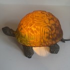 Vtg Turtle Table Lamp Frosted Amber Glass Shade Night Light Heavy Metal Base
