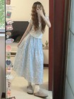 Blue Floral Print Midi Skirt Women s Summer Style Plus Size High Waist Hidin