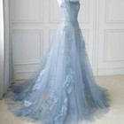 Strapless Tulle A Line Evening Dress Lace Applique Off Shoulder Party Prom Dress