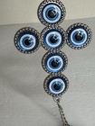 Art Glass Evil Eye And Cross Hanging Ornament Of Protection Blue Silver Tone 6   