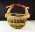 African Ghana Small Market Basket Hand Woven Leather Wrap Handle Colorful 9-3 4 