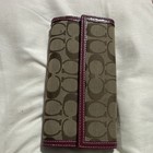 Coach Signature Beige Purple Logo Trifold Folding Wallet Credit Card Holder