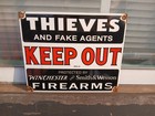 Vintage 1961 Winchester Smith   Wesson Porcelain Sign  thieves Keep Out  10   8 