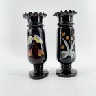 Pair Antique Bohemian Black Amethyst Hand Blown Glass Vases Enameled Bristol