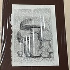Original Drawing Sketch Mushrooms Over A Book Page  Upcycled Art  Dictionary Art