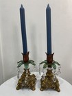 Pair Solid Brass Cristals W  Candles Holder Leaves Flower Floral Vintage