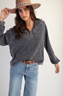 Easel Women s Thermal Waffle Knit Zip-up Mineral Washed Top In Ash Navy