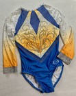 Ozone Gymnastics Leotard Competition Rhinestone Bling Mesh Blue Yellow Gk Sz Axs
