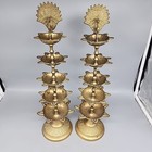 Vintage Set Pair 2 Brass Diya 16 Inch Tall Gold Peacock Oil Lamp Stand Hindu