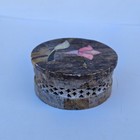 Vintage Soapstone Trinket Box Floral Inlay Round Hand Carved Stone Jewelry Box