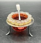 Antique Cranberry  Clear   Gold  Glass   Sterling Open Salt Cellar W  Spoon 