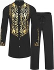 Men s African Dashiki 2-piece Suit Set - Metallic Gold Print Shirt   Pants Outfi