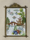 Antique Chinese Import Hand Painted Framed Porcelain Tiles Brass Bamboo 1920 s