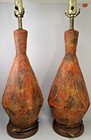 Pair Of Large Vintage Mcm Textured Ceramic Angled Table Lamps Orange brown