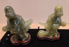 Vintage Pair Of 6  H  Carved Natural Jade Laughing Buddha Figurines W wood Stand