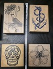Lot Of 5 Rubber Wooden Ink Stamps Mermaid Skull Flower Abstract Anchor Scrapbook