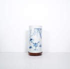 A Blue And White  warrior And Scholar  Brush Pot With A Wooden Stand