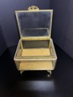 Vintage Ormolu Beveled Glass Jewelry Box Casket Gold Filigree Footed 4 5x5 5
