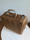 Vintage Wicker Picnic Basket Suitcase Style Hamper Woven Wood Leather Straps