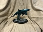 Vintage Bronze Diving Dolphins Sculpture With Wooden Base