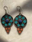Handcrafted Tibetan Silver Turquoise Lapis Coral Pierced Earrings 
