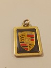 Vintage Porsche Crest Small Square Black Gold Enamel Fob Charm Keychain Engraved