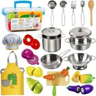 Play Kitchen Accessories  Wooden Play Food  Cooking Set With Stainless Steel    